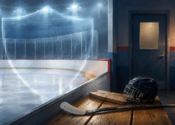 Conceptual illustration of an empty hockey rink with a protective shield motif, helmet and stick