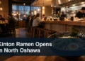 Unbranded ramen restaurant interior with the headline Kinton Ramen Opens in North Oshawa