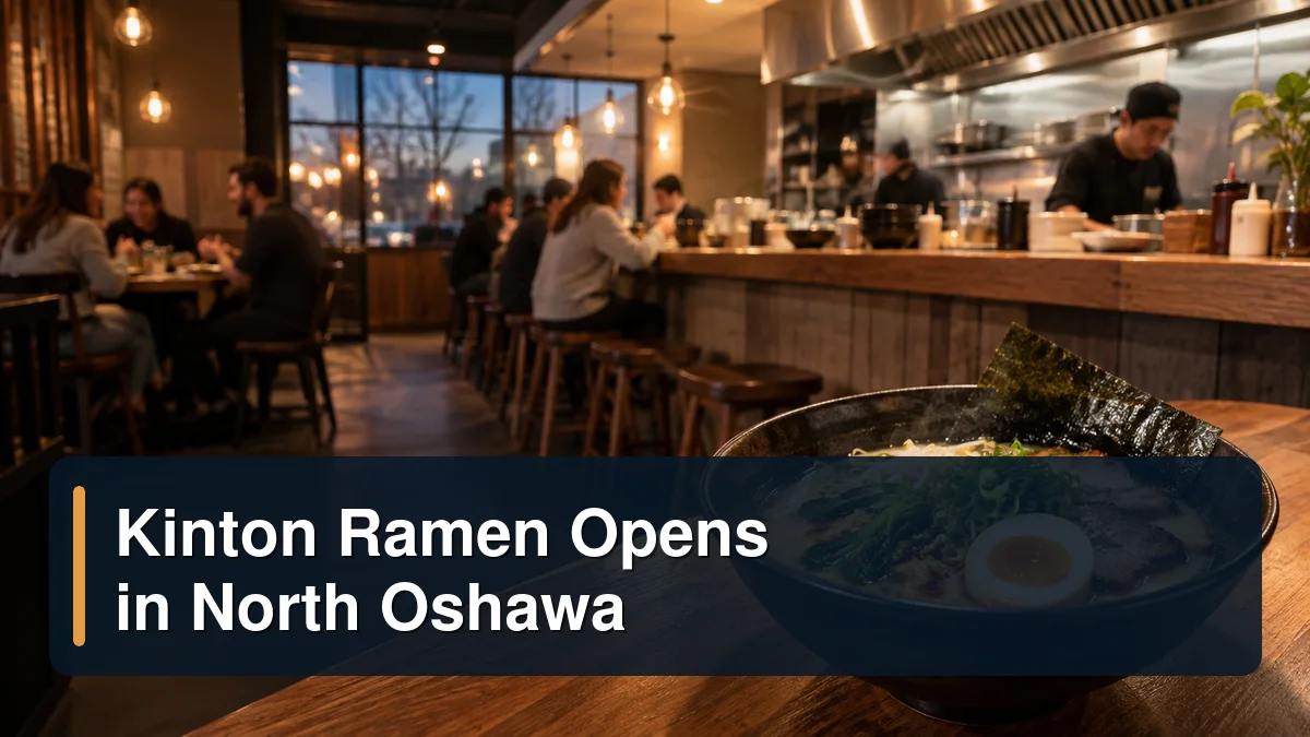 Unbranded ramen restaurant interior with the headline Kinton Ramen Opens in North Oshawa