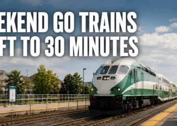A commuter train at a Durham Region station illustrating Lakeshore East weekend GO changes