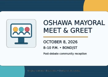 Illustration of a civic candidate meet and greet in Oshawa