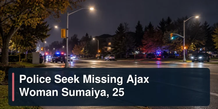 Ajax neighbourhood search scene with the headline Police Seek Missing Ajax Woman Sumaiya, 25