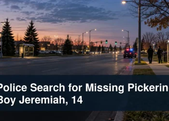 Police Search for Missing Pickering Boy Jeremiah, 14 Non-identifying Pickering neighbourhood search scene with the headline Police Search for Missing Pickering Boy Jeremiah, 14