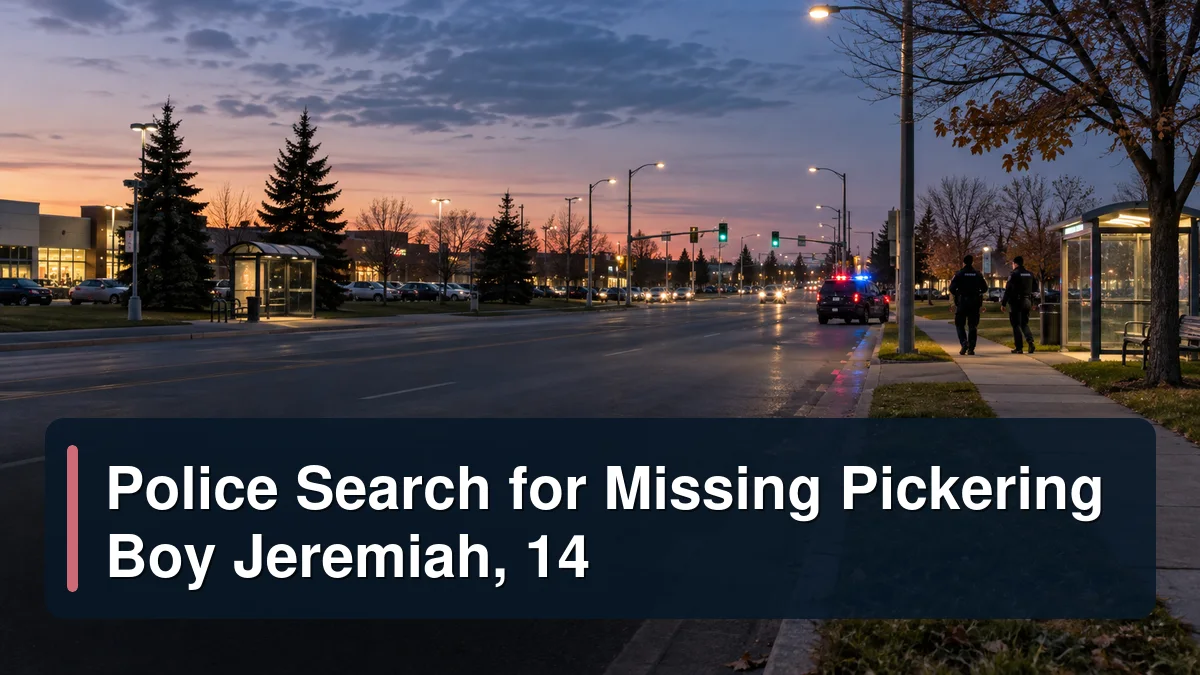 Non-identifying Pickering neighbourhood search scene with the headline Police Search for Missing Pickering Boy Jeremiah, 14