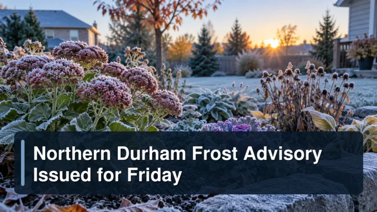 Frost-covered garden with the headline Northern Durham Frost Advisory Issued for Friday