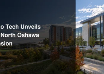 Modern university buildings and students representing Ontario Tech's north Oshawa expansion