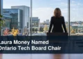Professional university boardroom and technology scene with the headline Laura Money Named Ontario Tech Board Chair