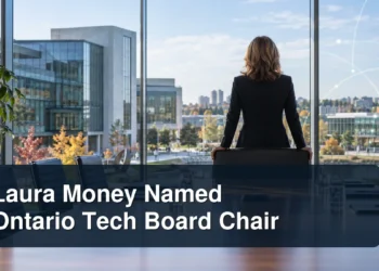Professional university boardroom and technology scene with the headline Laura Money Named Ontario Tech Board Chair