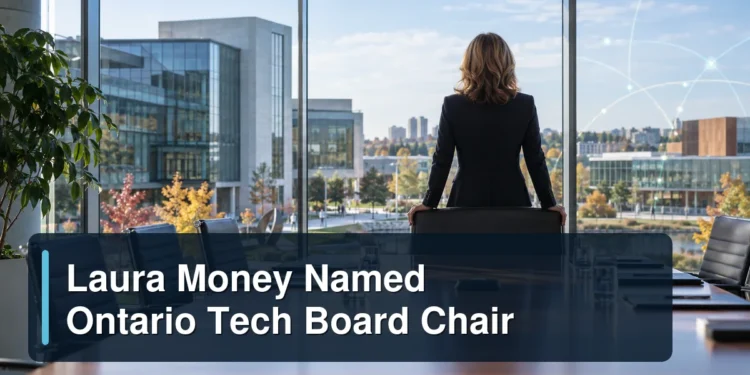 Professional university boardroom and technology scene with the headline Laura Money Named Ontario Tech Board Chair