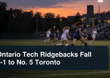 Women’s university soccer match with the headline Ontario Tech Ridgebacks Fall 2-1 to No. 5 Toronto