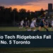 Women’s university soccer match with the headline Ontario Tech Ridgebacks Fall 2-1 to No. 5 Toronto
