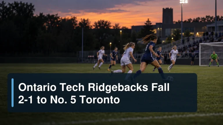 Women’s university soccer match with the headline Ontario Tech Ridgebacks Fall 2-1 to No. 5 Toronto