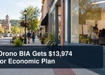 Orono main street economic planning scene with the headline Orono BIA Gets $13,974 for Economic Plan