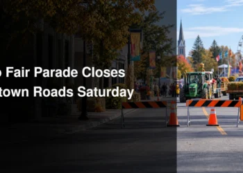 Small-town parade route through downtown Orono with temporary road barriers