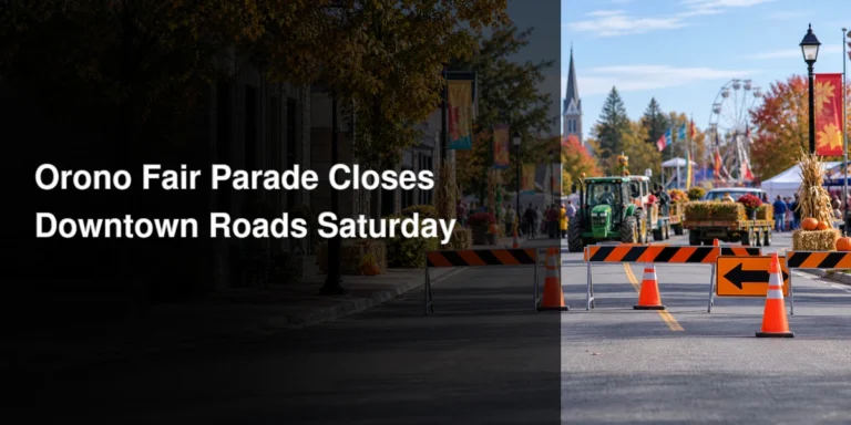 Small-town parade route through downtown Orono with temporary road barriers
