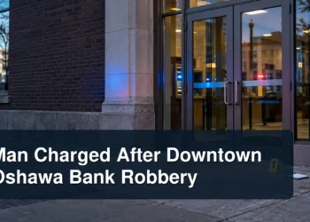 Unbranded downtown bank entrance with the headline Man Charged After Downtown Oshawa Bank Robbery
