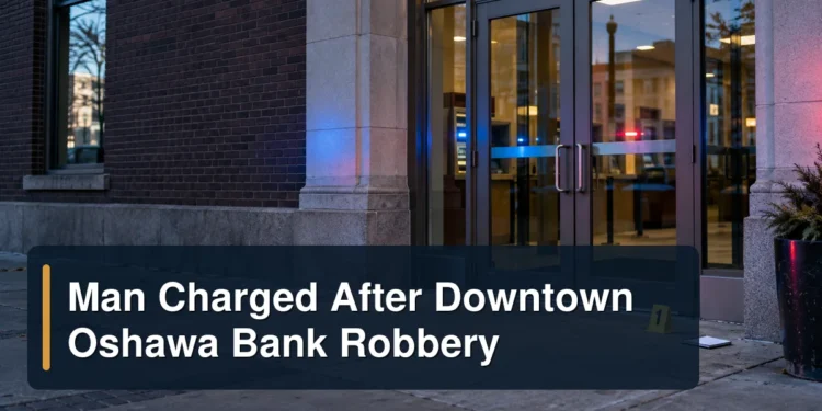 Unbranded downtown bank entrance with the headline Man Charged After Downtown Oshawa Bank Robbery