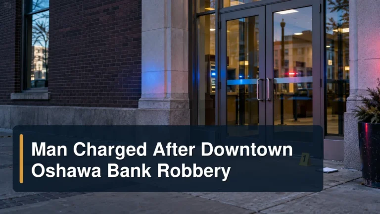 Unbranded downtown bank entrance with the headline Man Charged After Downtown Oshawa Bank Robbery