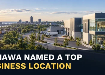 Modern industrial and logistics district with the headline Oshawa Named One of Canada’s Best Business Locations