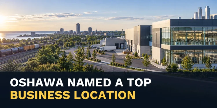 Modern industrial and logistics district with the headline Oshawa Named One of Canada’s Best Business Locations