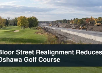 Road realignment construction beside a golf course with the headline Bloor Street Realignment Reduces Oshawa Golf Course