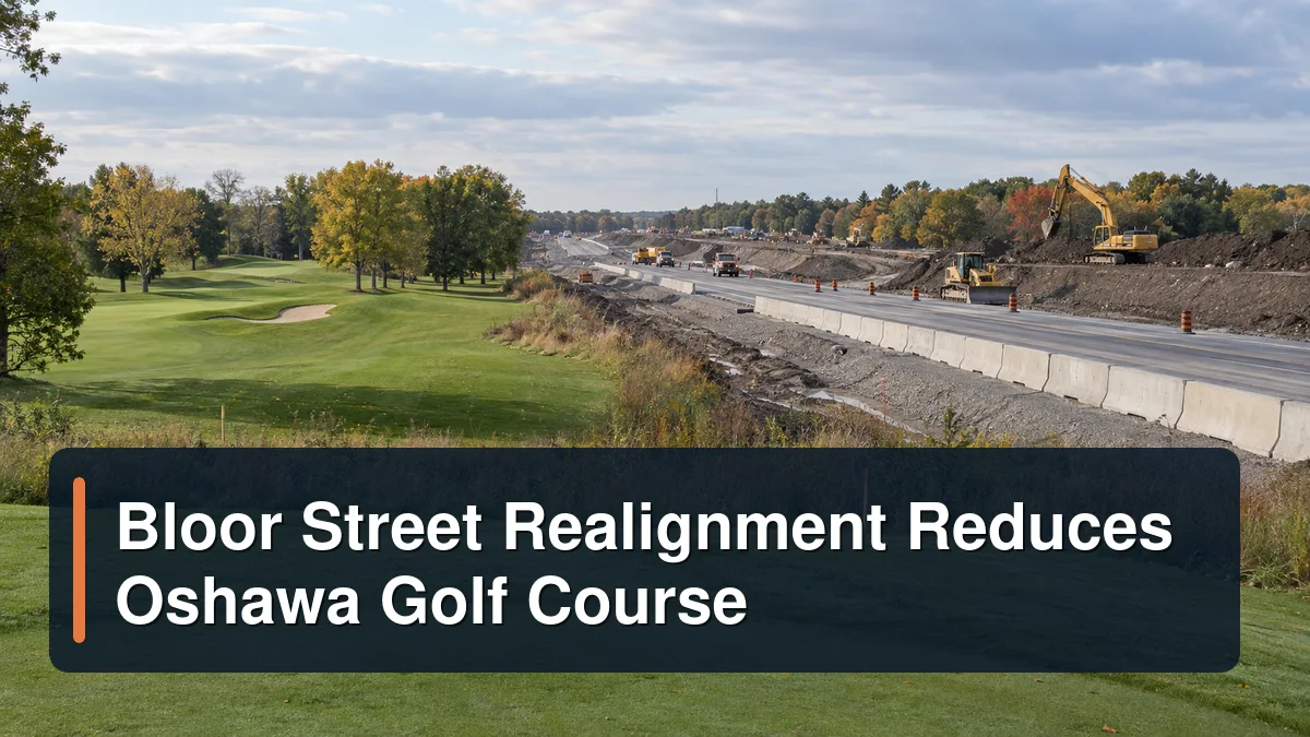 Road realignment construction beside a golf course with the headline Bloor Street Realignment Reduces Oshawa Golf Course