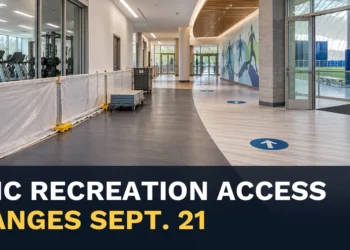 Recreation-centre flooring work with the headline Oshawa Civic Recreation Access Changes Sept. 21