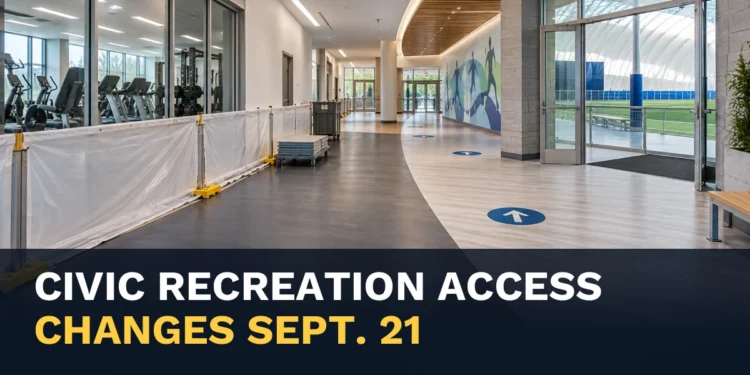 Recreation-centre flooring work with the headline Oshawa Civic Recreation Access Changes Sept. 21