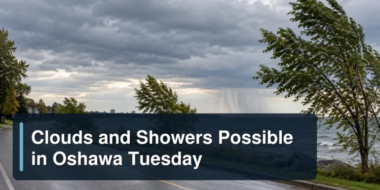 Clouds and Showers Possible in Oshawa Tuesday Windy Oshawa lakeshore beneath rain clouds with the headline Clouds and Showers Possible in Oshawa Tuesday