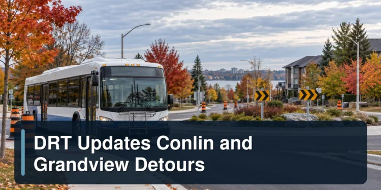 City bus detour scene with the headline DRT Updates Conlin and Grandview Detours