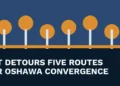 Original local news illustration with the headline DRT Detours Five Routes for Oshawa Convergence