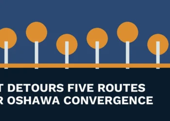 Original local news illustration with the headline DRT Detours Five Routes for Oshawa Convergence