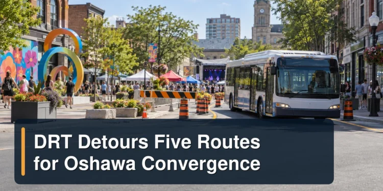 Downtown Oshawa festival and detouring city bus with the headline DRT Detours Five Routes for Oshawa Convergence