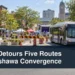 Downtown Oshawa festival and detouring city bus with the headline DRT Detours Five Routes for Oshawa Convergence