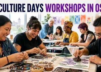 Participants creating beadwork and block prints at free Oshawa Culture Days workshops