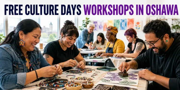 Participants creating beadwork and block prints at free Oshawa Culture Days workshops