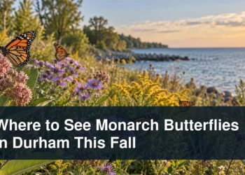Monarch butterflies in a lakeside pollinator meadow with the headline Where to See Monarch Butterflies in Durham This Fall