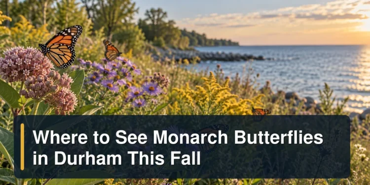 Monarch butterflies in a lakeside pollinator meadow with the headline Where to See Monarch Butterflies in Durham This Fall