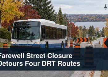 Farewell Street Closure Detours Four DRT Routes City bus on a street detour with the headline Farewell Street Closure Detours Four DRT Routes