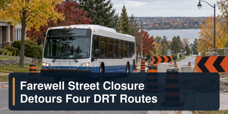 Farewell Street Closure Detours Four DRT Routes City bus on a street detour with the headline Farewell Street Closure Detours Four DRT Routes