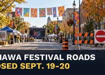 Downtown festival barricades with the headline Oshawa Festival Road Closures Set for Sept. 19-20