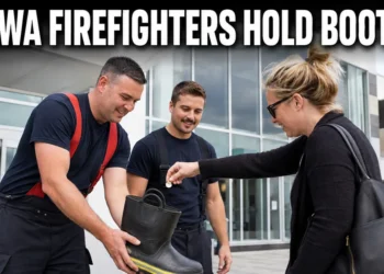 Oshawa firefighters collecting donations in a boot outside a shopping centre