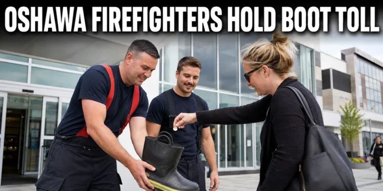 Oshawa firefighters collecting donations in a boot outside a shopping centre