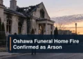 Fire-damaged funeral home investigation scene with the headline Oshawa Funeral Home Fire Confirmed as Arson