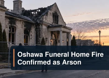 Fire-damaged funeral home investigation scene with the headline Oshawa Funeral Home Fire Confirmed as Arson