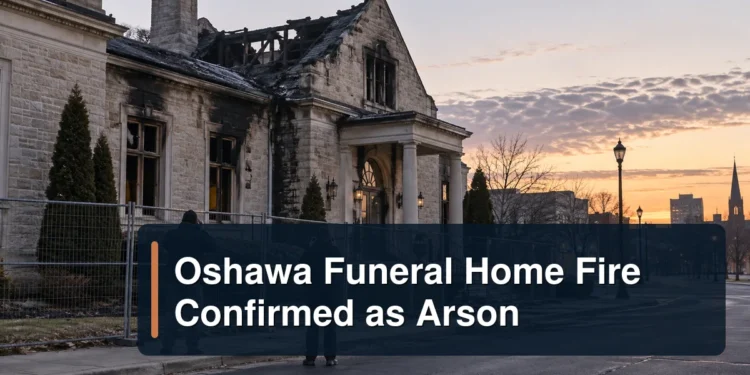 Fire-damaged funeral home investigation scene with the headline Oshawa Funeral Home Fire Confirmed as Arson