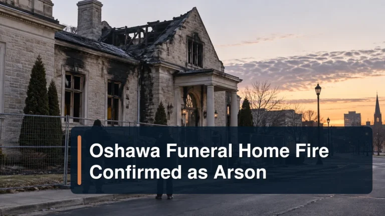 Fire-damaged funeral home investigation scene with the headline Oshawa Funeral Home Fire Confirmed as Arson