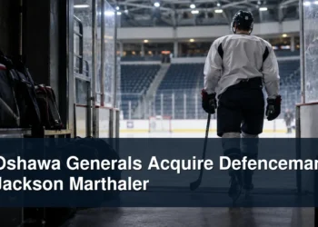 Generic junior hockey defenceman entering an arena with the headline Oshawa Generals Acquire Defenceman Jackson Marthaler