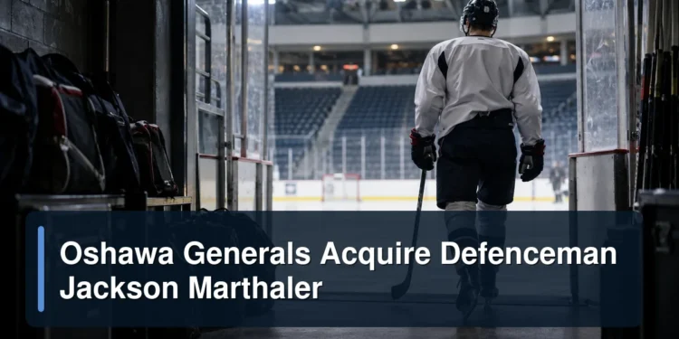 Generic junior hockey defenceman entering an arena with the headline Oshawa Generals Acquire Defenceman Jackson Marthaler