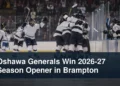 Generic junior hockey team celebrating a road win with the headline Oshawa Generals Win 2026-27 Season Opener in Brampton